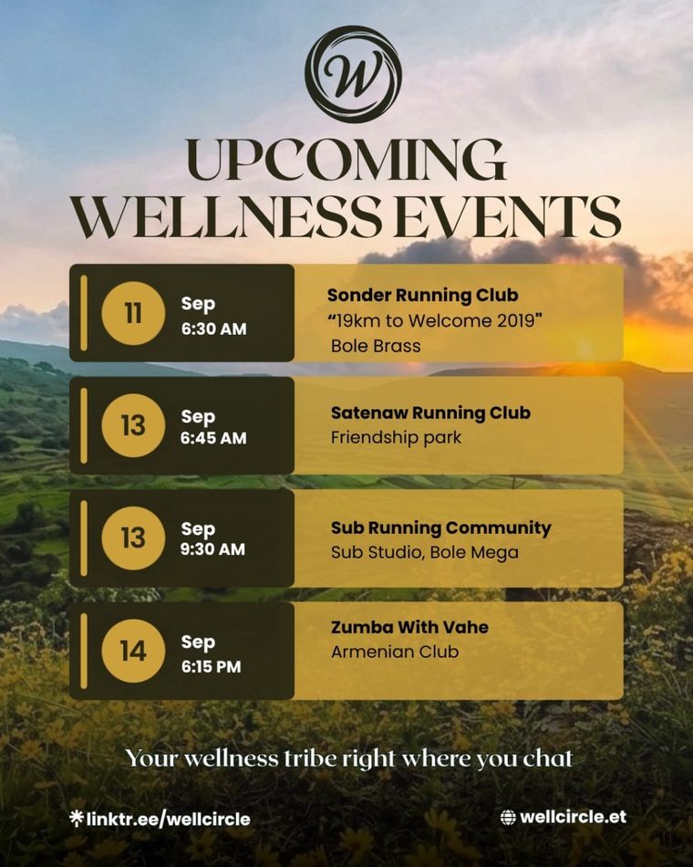 Well Circle weekly poster listing running club and Zumba events on 11–14 September.